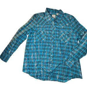 ROPER Pearl Snap Closure Blue Plaid Fitted Shirt